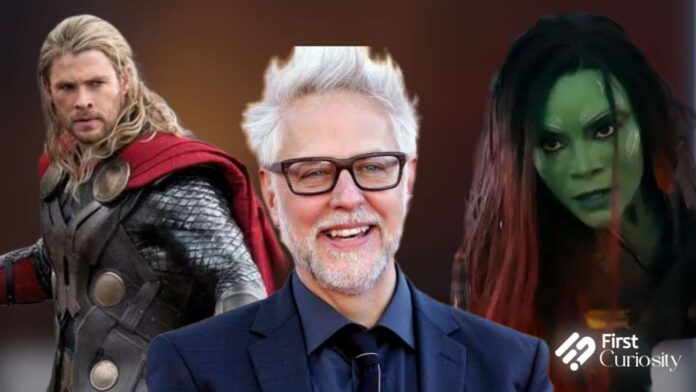 Thor from The Avengers, James Gunn, and Gamora from the Guardians