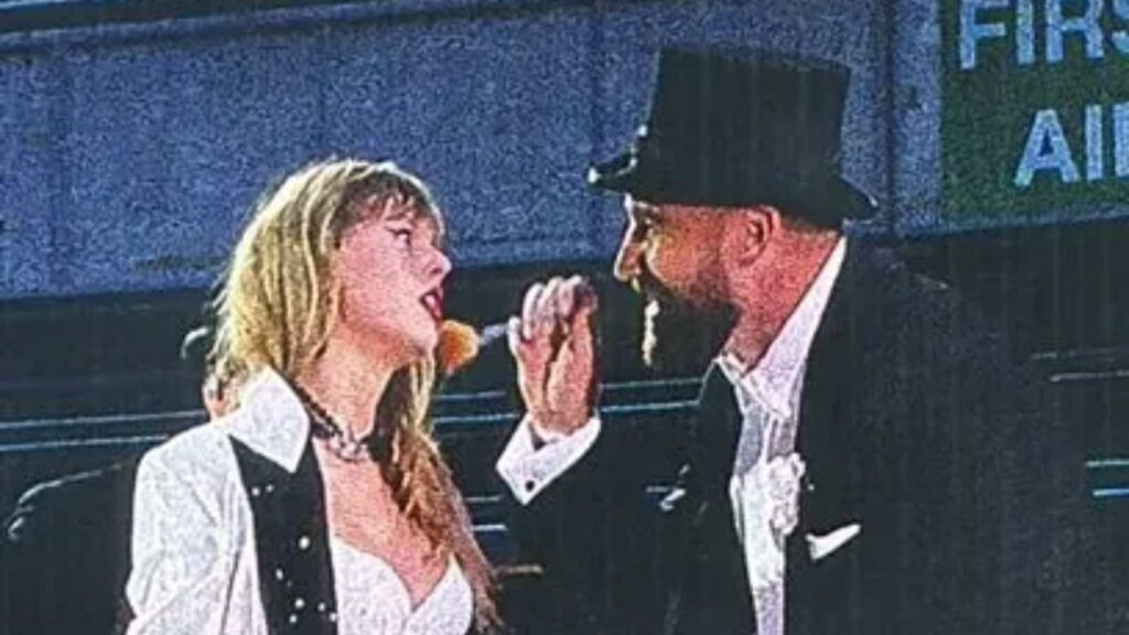 Taylor Swift and Travis Kelce performing on stage (Credits: X)