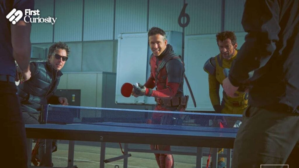 Ryan Reynolds plays ping-pong on set