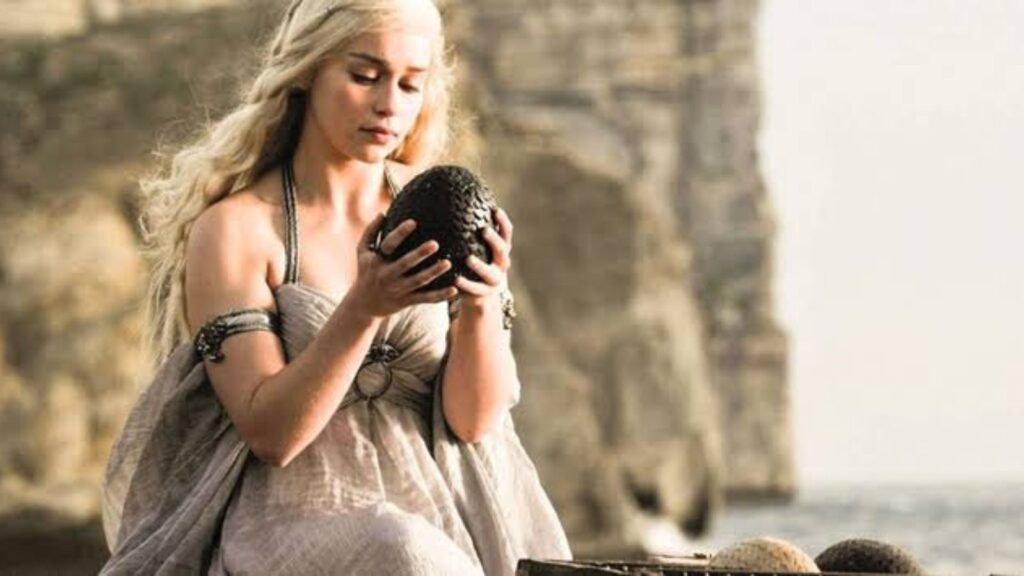 Daenerys Targaryen with her dragon eggs