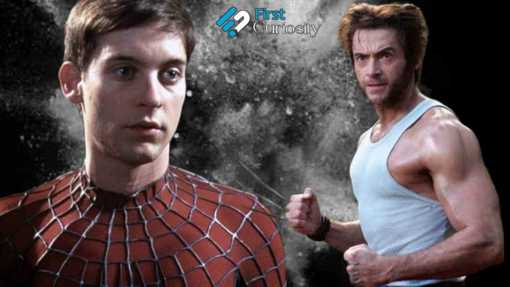 Tobey Maguire as Spider Man and Hugh Jackman as Wolverine