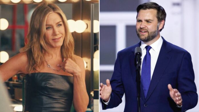 Jennifer Aniston (L) and J.D. Vance (R) (Image: Instagram @jenniferaniston/AP)