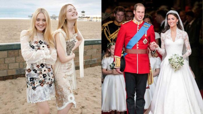 (L) Elle Fanning and Dakota Fanning, (R) Kate Middeton and Prince William (Image: Vogue, @princeandprincessofwales/Instagram)