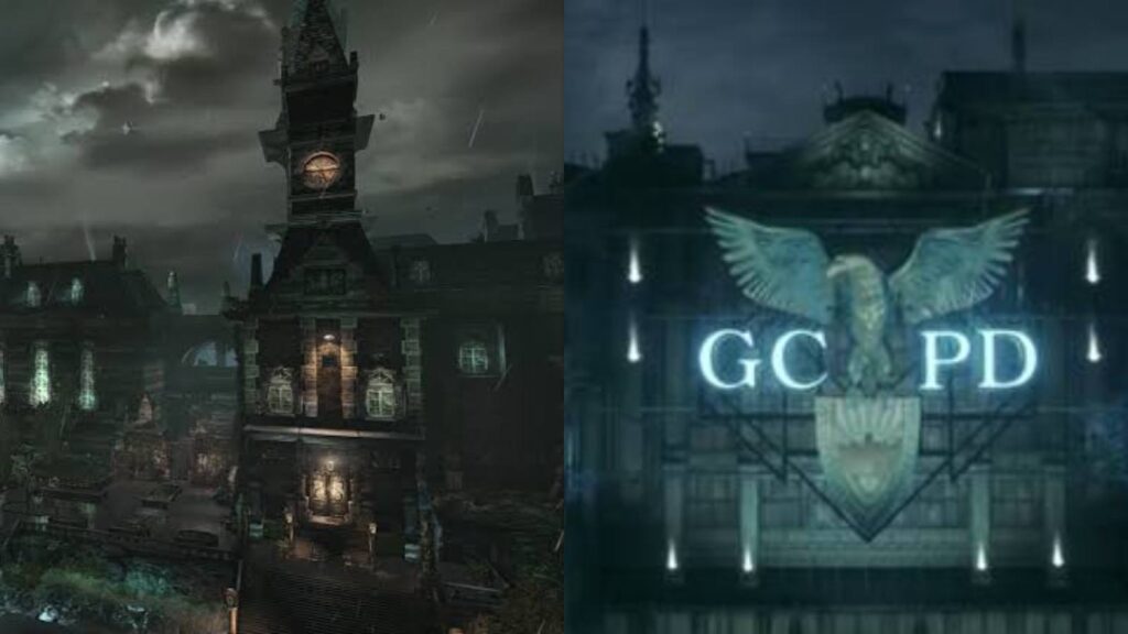 (L) Arkham Asylum and (R) Gotham PD (Image: DC)