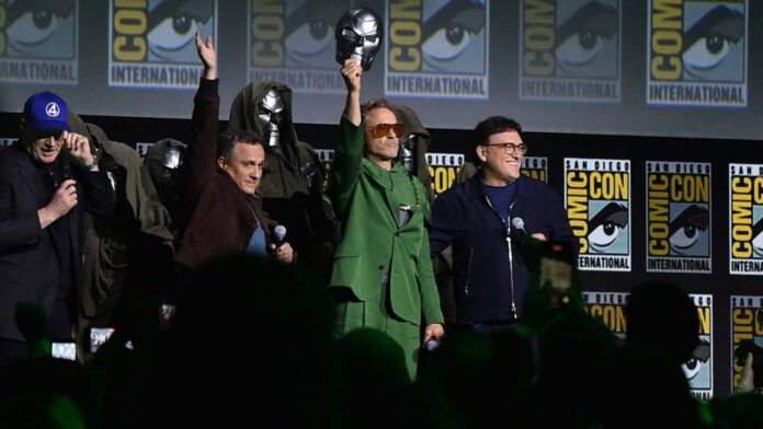 Kevin Feige, from left, Joe Russo, Robert Downey Jr., and Anthony Russo attend a panel for 'Marvel Studios' during Comic-Con (Image: X @/iamnickgrune)