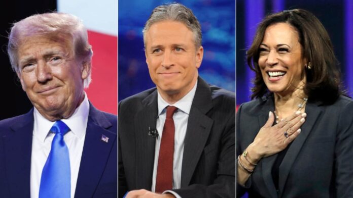 (L to R) Donald Trump, Jon Stewart and Kamala Harris (Images: YouTube/Instagram)