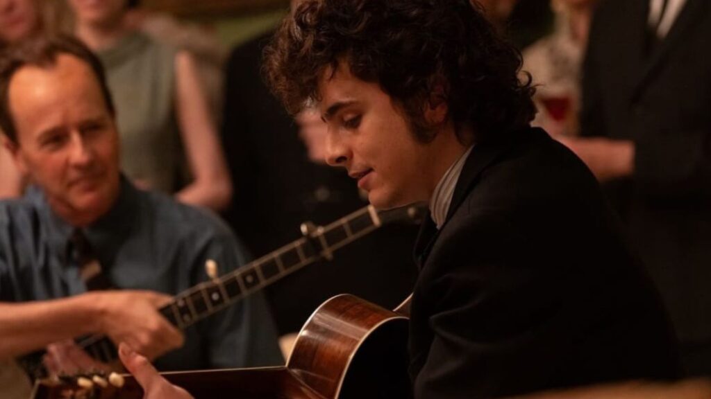 Timothee Chalamet as Bob Dylan (Image: Instagram @completeunknownfilm)