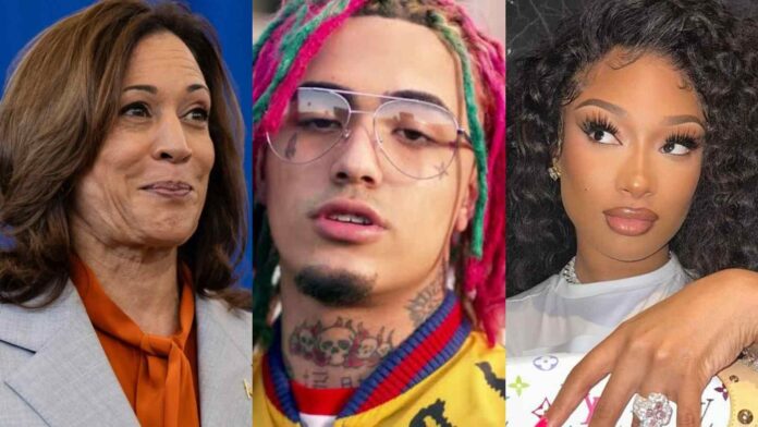 (L to R) Kamala Harris, Lil Pump and Megan Thee Stallion (Image: instagram @KamalaHarris, @MeganTheeStallion, youtube @LilPump)