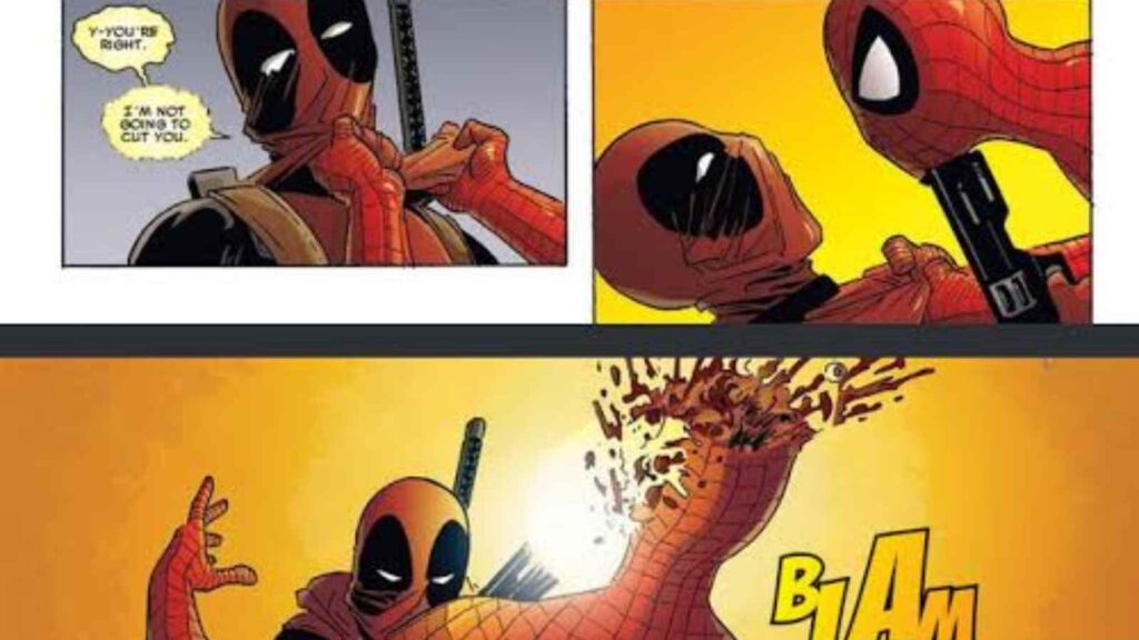 Deadpool shoots Spider-man in the head (Image: Marvel)