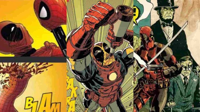 (L to R) Deadpool shoots Spider-Man, stealing Iron Man's suit, and killing dead Presidents (Image: Marvel)