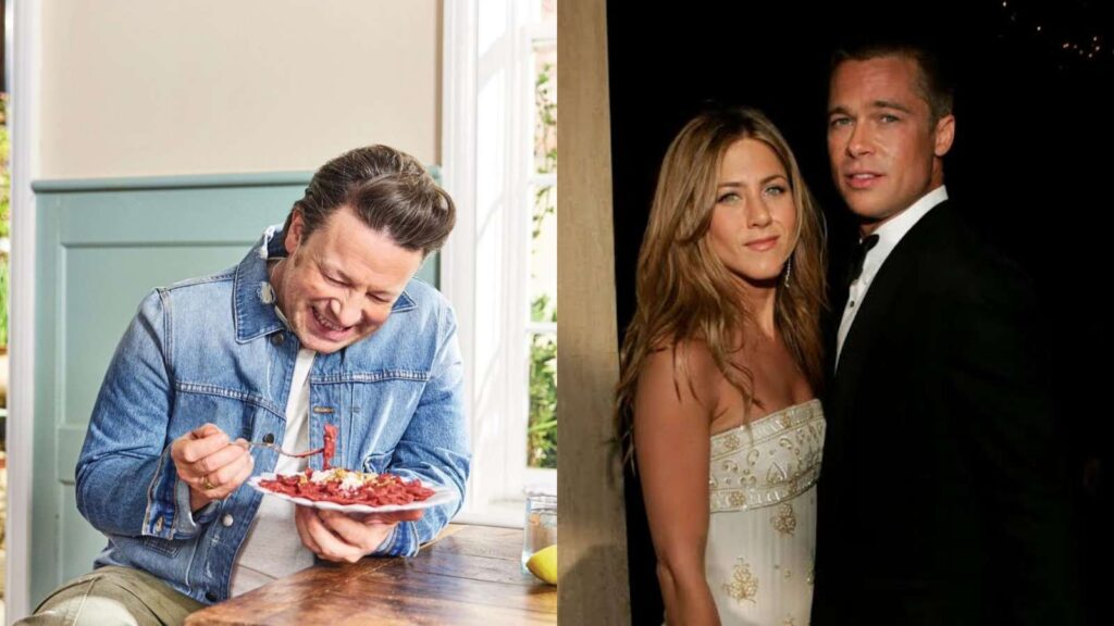 Jamie Oiver, Jennifer Aniston and Brad Pitt (Image: Instagram @jamieoliver / AFP