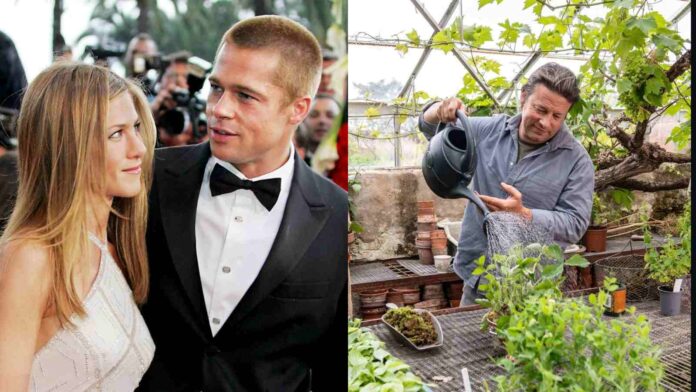 Jennifer Aniston, Brad Pitt and Jamie Oliver (image: AFP / Instagram @jamieoliver