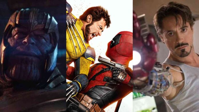 (L to R) Thaonos in Avengers Infinity War, Deadpool and Wolverine, and Tony Strak (Image: Marvel)