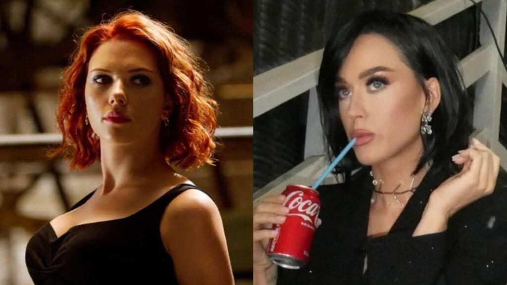 (L) Scarlett Johansson as Black Widow and (R) Katy Perry (Image: Marvel, instagram @katyperry) 