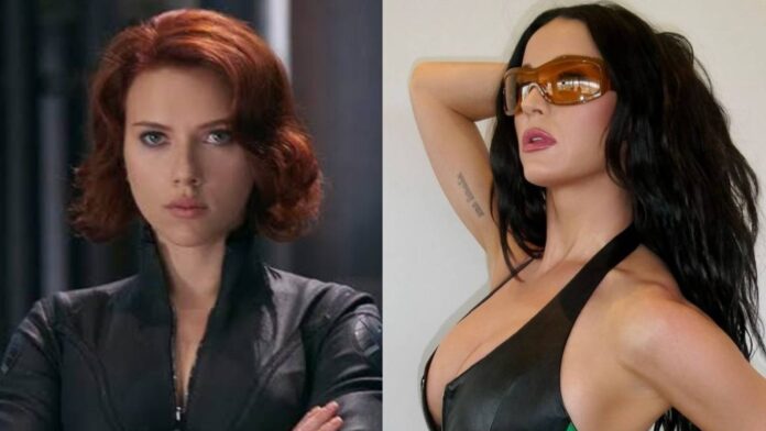 (L) Scarlett Johansson as Black Widow and (R) Katy Perry (Image: Marvel, Instagram @katyperry)