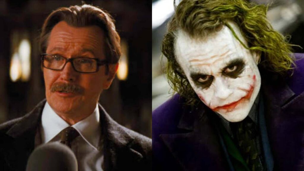 (L) Gary Oldman as James Gordon and (R) Heath Ledger as the Joker in The Dark Knight (Image: DC, Warner Bros)