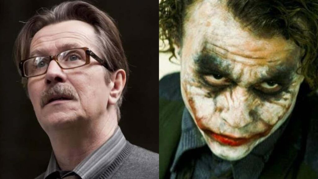 (L) Gary Oldman as James Gordon and (R) Heath Ledger as the Joker in The Dark Knight (Image: DC, Warner Bros)