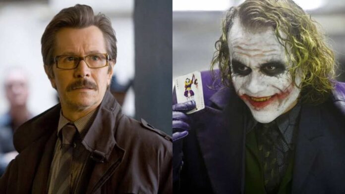 (L) Gary Oldman as James Gordon and (R) Heath Ledger as the Joker in The Dark Knight (Image: DC, Warner Bros)