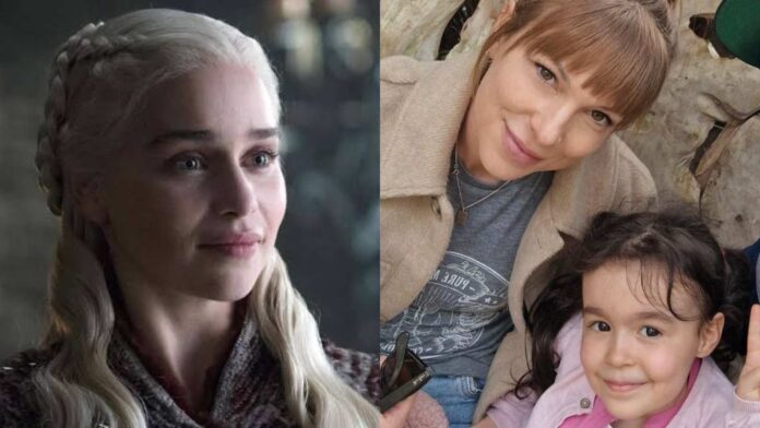 Emily Clarke as Daenerys Targaryen, in Game Of Thrones and Lucy Holloway (Image: HBO / Facebook @lucyholloway)