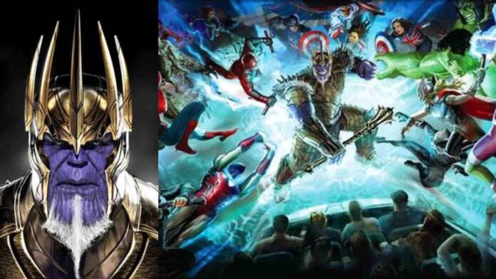 (L) King Thanos and (R) the concept art for the King Thanos ride (Image: Marvel, Disney)