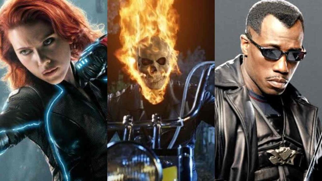 (L to R) Scarlett Johansson as Black Widow, Nicolas Cage as Ghostrider, and Wesley Snipe as Blade (Image: Marvel)