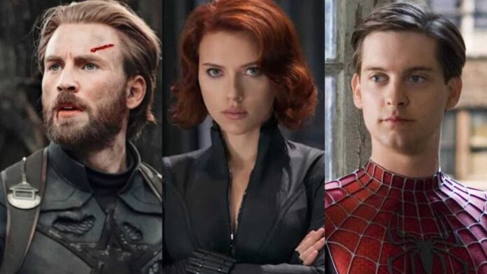 (L to R) Chris Evans as Captain America, Scarlett Johansson as Black Widow, and Tobey Maguire as Spiderman (Image: Marvel)