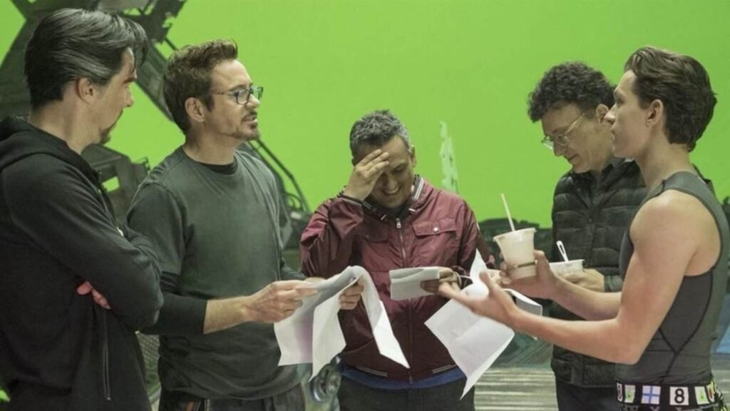 The Russo Brothers BTS with Robert Downey Jr, Tom Holland and Benedict Cumberbatch for Infinity War (Image: Marvel Studios)