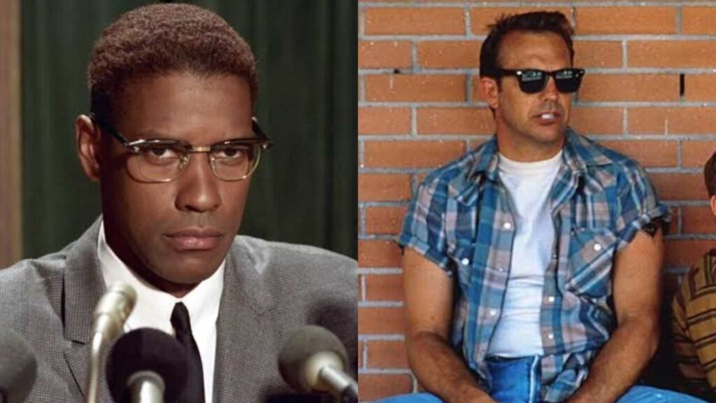 (L) Denzel Washington in Malcolm X and (R) Kevin Costner as Butch (Image: Warner Bros)