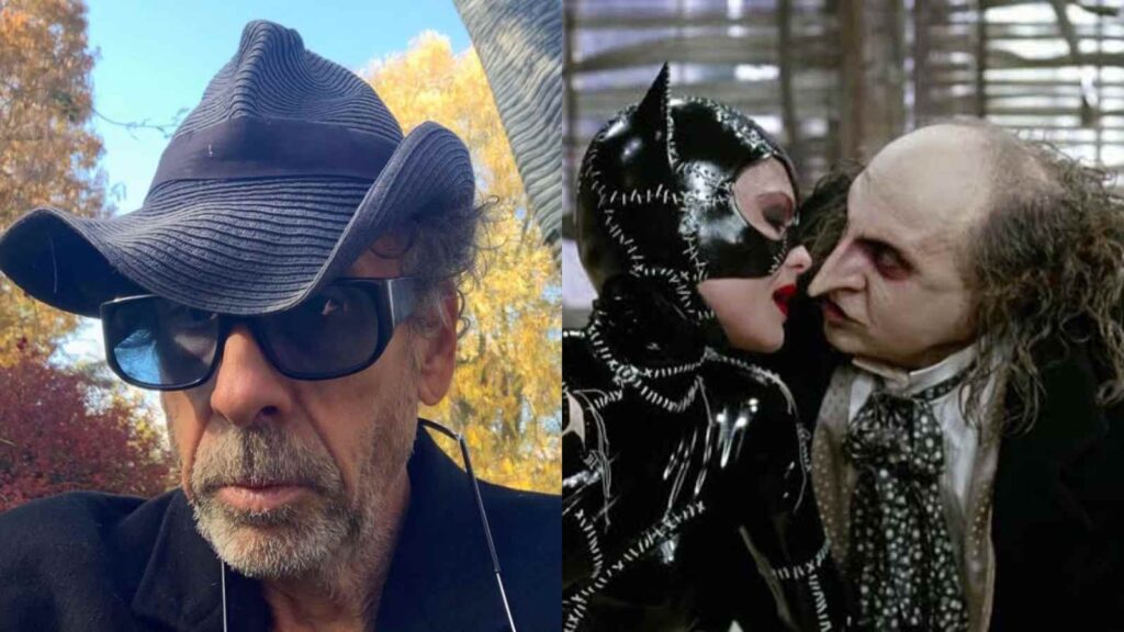 (L) Tim Burton and (R) Catwoman and Penguin in Batman (Image: instagram @timburton, Warner Bros)