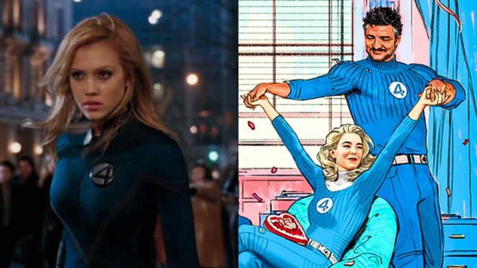 Jessica Alba as Sue Storm (L) and Vanessa Kirby and Pedro Pascal as the new Fantastic Four members (R) (Image: Marvel Studios)