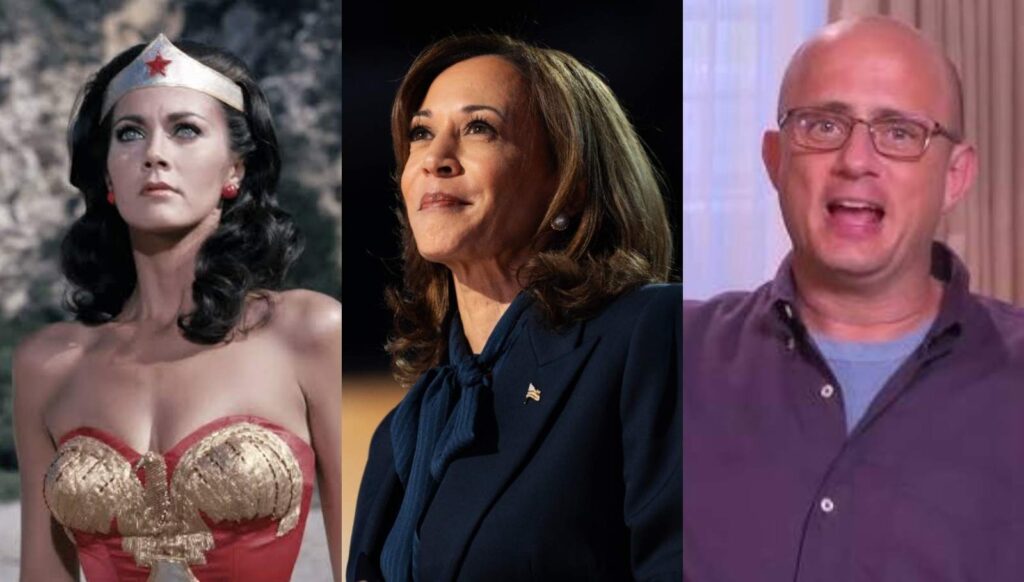 (L to R) Lynda as Wonder Woman, Kamala Harris, and Eric Kripke (Image: Warner Bros. instagram @erickripke1 @kamalharris) 