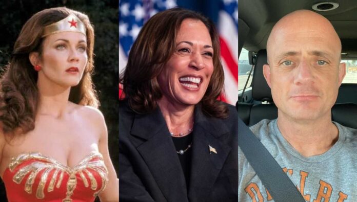 (L to R) Lynda as Wonder Woman, Kamala Harris, and Eric Kripke (Image: Warner Bros., instagram @erickripke1 @kamalharris)