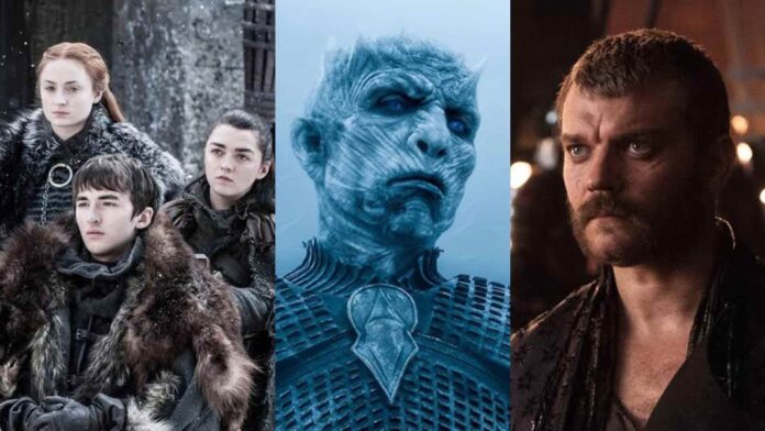 (L to R) Sansa, Bran and Arya Stark, The Night King, and Euron Greyjoy (Image: HBO Max)