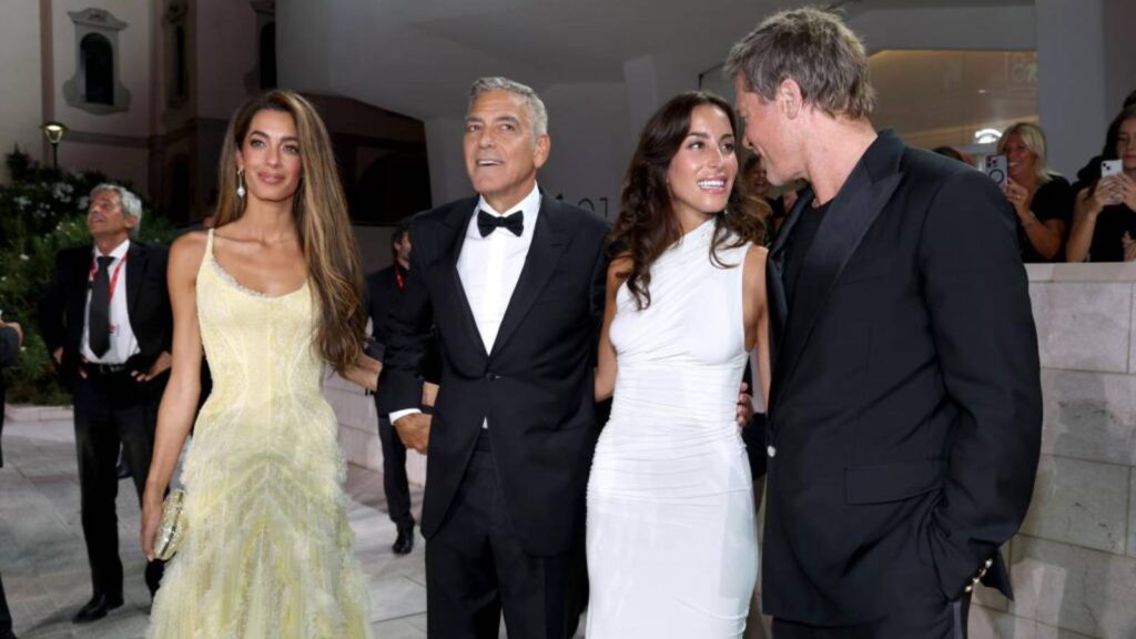 (From L to R) Amal Clooney, George Clooney, Ines de Ramon and Brad Pitt (Image: Page Six)