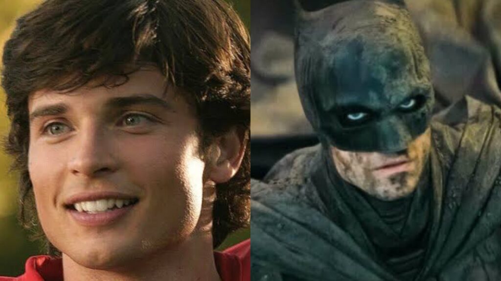 (L) Tom Welling as Clark Kent and (R) Robert Pattinson as Batman (Image: Warner Bros)