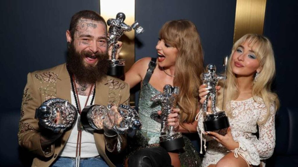 (From L to R) Post Malone, Taylor Swift and Sabrina Carpenter (Image: AP)