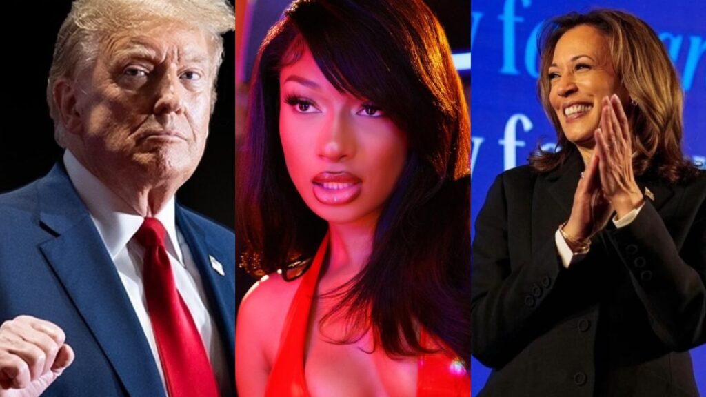 (L to R) Donald Trump, Megan thee Stallion, and Kamala Harris (Image: instagram @realdonaldtrump, @kamalaharris, @megantheestallion)