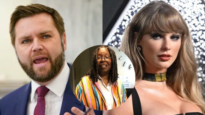 (L-R) J.D. Vance, Whoopi Goldberg, Taylor Swift (Image: USA Today and Instagram @whoopigoldberg and @taylorswift)