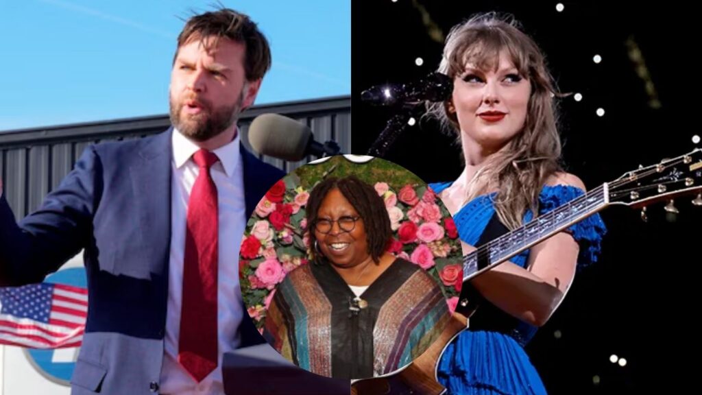 (L-R) J.D. Vance, Whoopi Goldberg, Taylor Swift (Image: USA Today and Instagram @/whoopigoldberg and @/taylorswift)