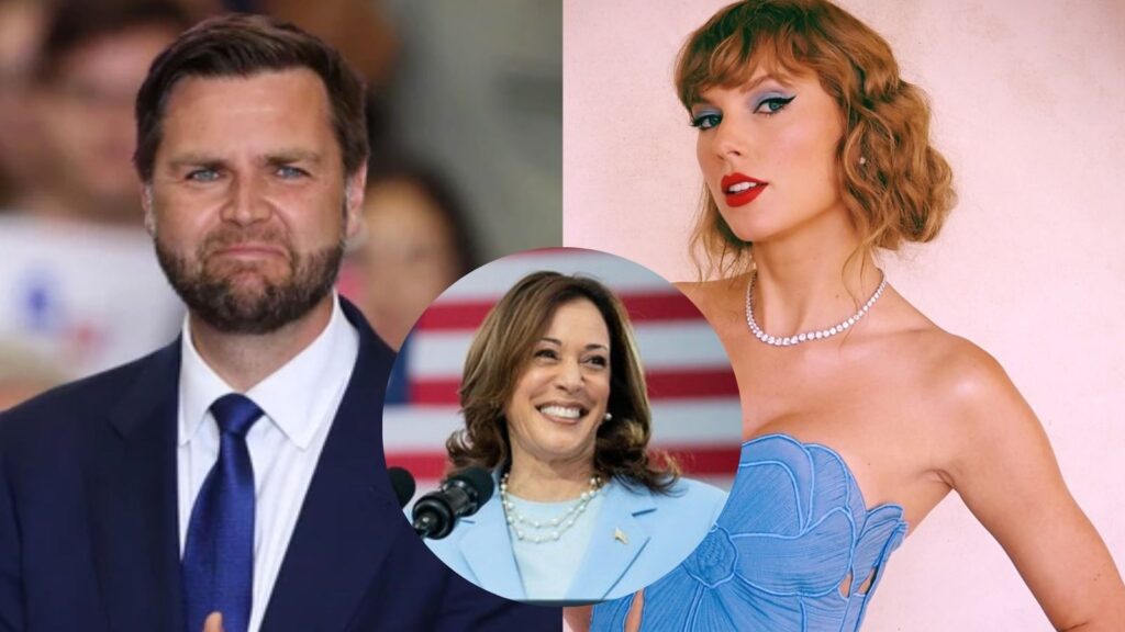 (L-R) J.D. Vance, Kamala Harris, Taylor Swift (Image: USA Today and Instagram @/kamalaharris and @/taylorswift)