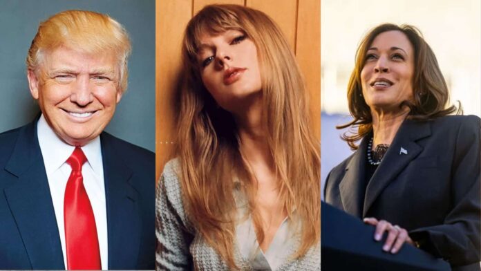 Donald Trump, Taylor Swift and Kamala Harris (Image: AP/ Instagram @/taylorswift and @/kamalaharris)