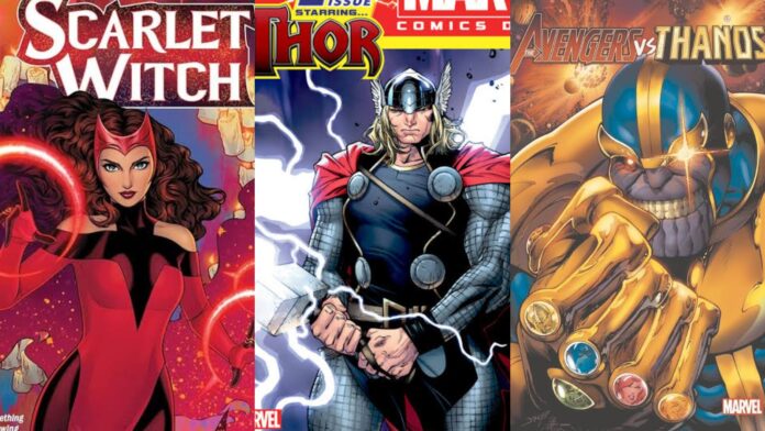 (L to R) Scarlet Witch, Thor, and Thanos (Image: Marvel)