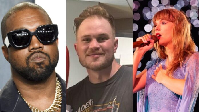 (L to R) Kanye West, Zach Bryan, and Taylor Swift (Image: AP, Instagram @zachlanebryan, @taylorswift)