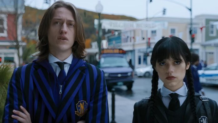 Percy White as Xavier Thorpe and Jenna Ortega as Wednesday Addams (Image: Netflix)