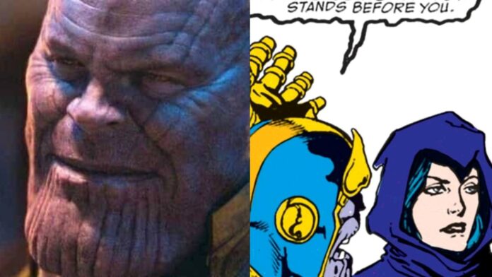 Josh Brolin as Thanos in Avengers: Infinity War, Thanos and Lady Death in the comics (Image: Marvel)