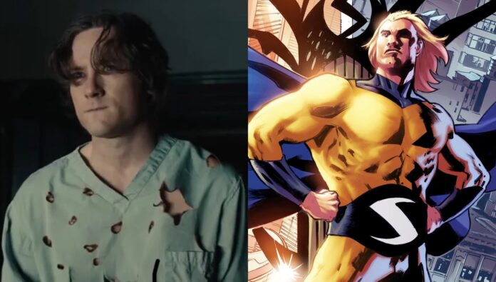 Lewis Pullman as Bob in Thunderbolts trailer and The Sentry in the comics (Image: Marvel)