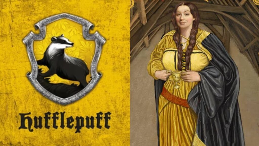 Hufflepuff crest and Helga Huffpuff (Image: Wizarding World, Screenrant)