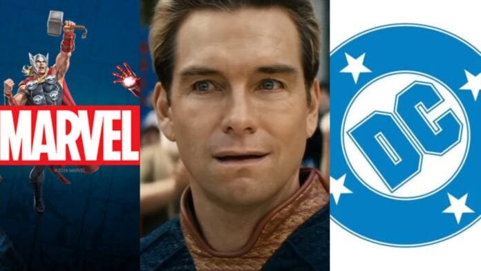 Marvel, Antony Starr as Homelander and DC logo (Image: Marvel ,DC, Amazon)