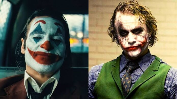 Joaquin Phoenix as Joker and Heath Ledger as Joker (Image: Warner Bros)