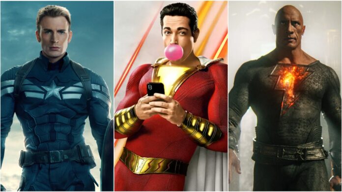 Chris Evans as Captain America, Zachary Levi as Shazam and Dwayne Johnson as Black Adam (Image: Marvel Studios and Warner Bros. Pictures)